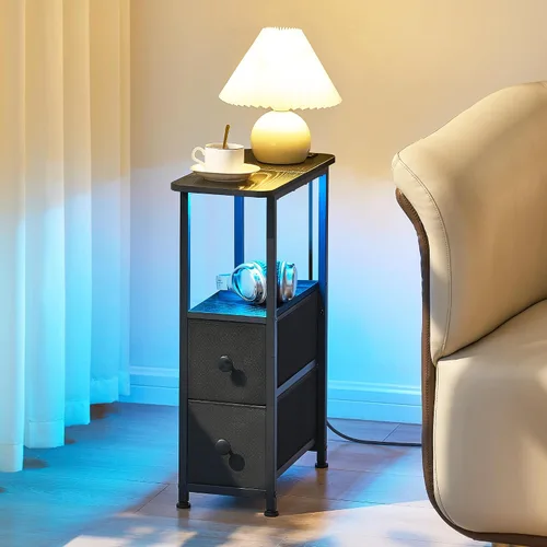 Miniatura 2 de DALEMHOME Mesa auxiliar estrecha con estación de carga, mesa auxiliar estrecha con cajón, mesita de noche pequeña con luz LED, mesita de noche