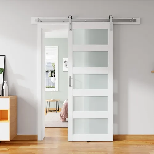 Miniatura 11 de Puerta de granero de vidrio de 32 x 84 pulgadas y kit de herrajes de 6 pies incluido, losa de puerta de granero blanco MDF con vidrio esmerilado