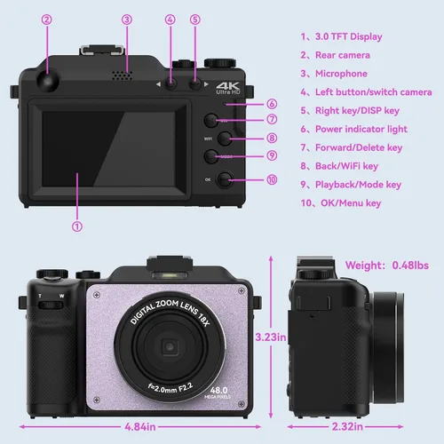 Miniatura 7 de Cámara de 48MP para fotografía, cámara digital 4K para niños y adultos con cámaras duales delanteras y traseras, zoom digital de 18X, filtros
