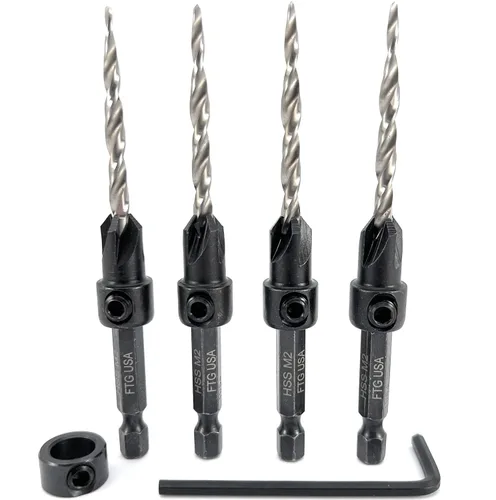 Miniatura 15 de FTG USA Juego de brocas avellanadoras de madera ajustable, 5 piezas, broca avellanadora #4 #6 #8 #10 #12 con broca cónica para carpintería