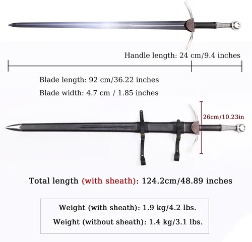 Miniatura 8 de Espada medieval occidental de 48 pulgadas, hoja de acero al manganeso 65, forjada a mano, espada real afilada con cinturón, para coleccionar