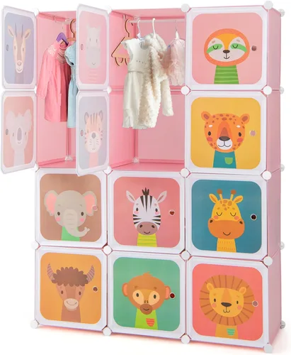 Miniatura 12 de HONEY JOY Armario para niños, organizador de almacenamiento de ropa de dibujos animados para bebés, 8 cubos y 2 secciones para colgar, armario Azul