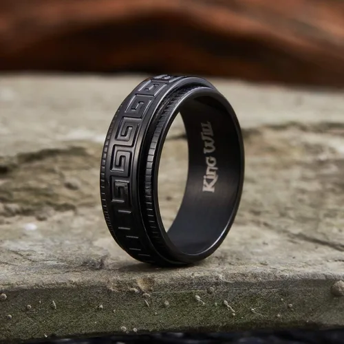 Miniatura 2 de King Will 8mm BlackSilver Spinner Stainless Steel Ring Fidget Ring Anxiety Ring for Men Brushed Greek KeyViking PatternRoman NumeralsHammered