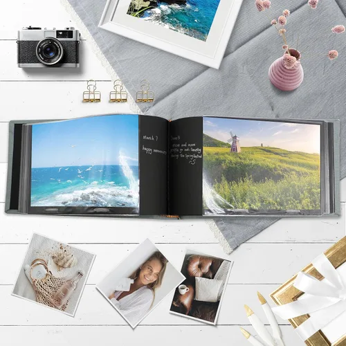 Miniatura 5 de Holoary Álbum de fotos pequeño de 4 x 6 pulgadas, tapa dura de lino, capacidad para 50 fotos, encuadernado con páginas negras, mini álbumes de fotos