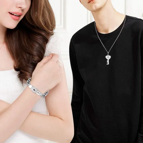Miniatura 2 de Uloveido Juego de collar con colgante de llave de acero de titanio y pulsera cuadrada para parejas, regalos de valetines, Metal, circonita cúbica
