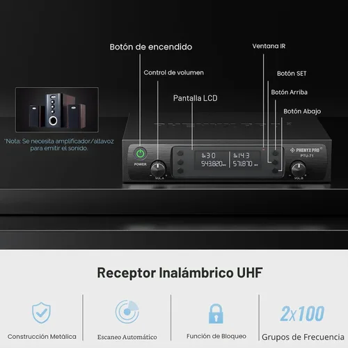 Miniatura 3 de Phenyx Pro Sistema de micrófono inalámbrico, micrófonos inalámbricos duales, con 2 dispositivos de mano, escaneo automático, frecuencias UHF de 2 x