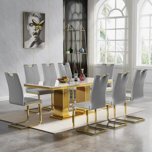 Miniatura 13 de Juego de mesa de comedor de 5 piezas, moderno juego de mesa de comedor para 4, 70 pulgadas, juego de mesa de comedor de mármol sintético blanco