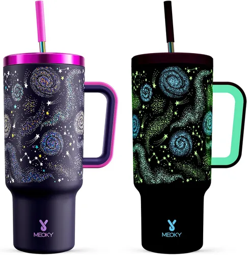 Miniatura 10 de Meoky - Vaso de 30 oz con asa, tapa y pajilla, taza de viaje térmica de acero inoxidable 100% a prueba de fugas, para portavasos, mantiene el frío