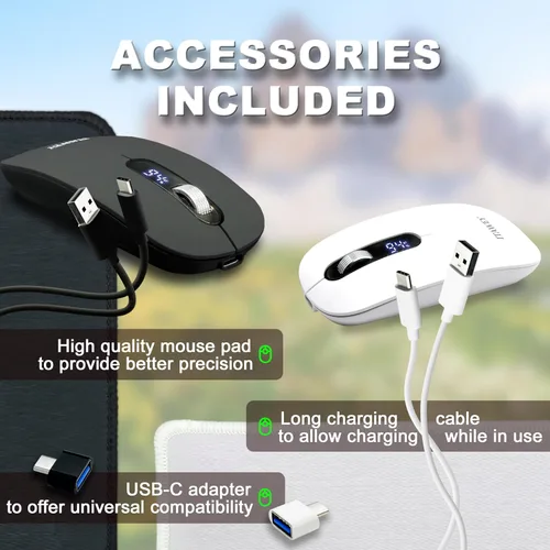 Miniatura 4 de Combo de mouse y almohadilla inalámbrica: pantalla LCD, Bluetooth y receptor USB, tres modos, recargable, clics silenciosos, con convertidor USB-C
