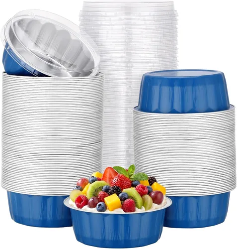 Miniatura 46 de Beasea Ramequines con tapas, 8oz 50 unidades de tazas de aluminio desechables para hornear, tazas de papel de aluminio plateado para creme brulee