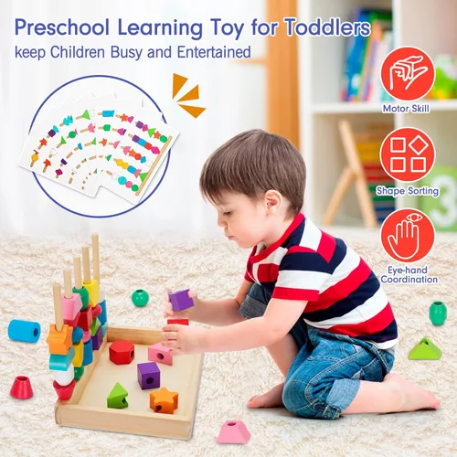 Miniatura 6 de TooyBing Montessori - Juguetes de madera con cordones para niños pequeños de 3 a 4 años, juguete de bloques de secuenciación y apilamiento con caja