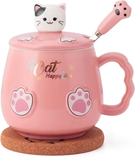 Miniatura 9 de Bgbg Linda Taza de Gato, Taza de Café Té Leche de Cerámica con Tapa de Gatito Adorable, Cuchara de Garra Kawaii, Alfombrilla de Anime, Cosas