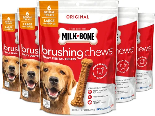 Milk-Bone Original Masticables para cepillar, 6 golosinas dentales grandes diarias para perros (Paquete de 5) Acción de fregado ayuda a limpiar los