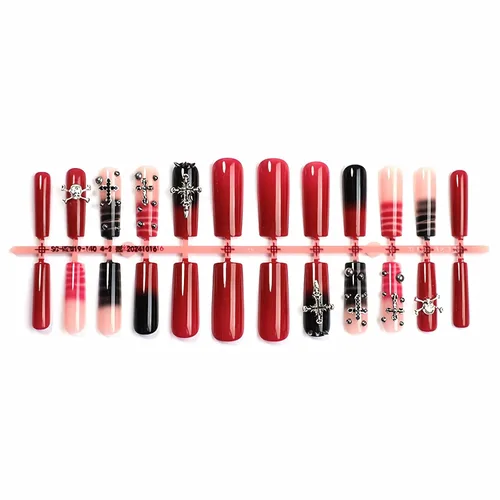 Miniatura 2 de MISUD - Uñas postizas largas cuadradas con pegamento de Rojo Gótico y Negro, diseño cruzado gótico Y2K acrílico, 24 piezas