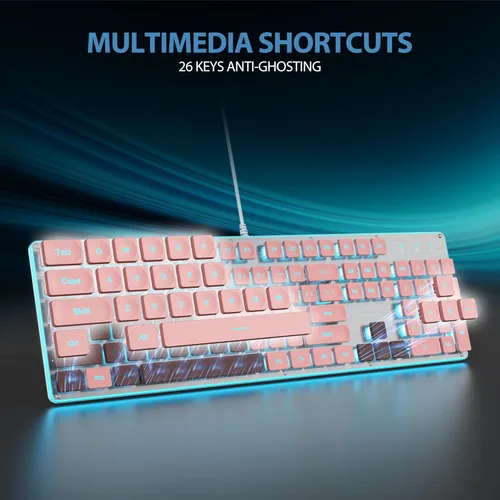 Miniatura 4 de Teclado retro punk de 104 teclas, máquina de escribir de tamaño completo, teclado rosa con tapa cuadrada y retroiluminación LED azul, membrana Rosado