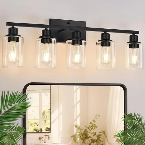 Miniatura 28 de Indoi Lámparas de baño de 4 luces, luces de tocador de níquel cepillado con pantallas de vidrio transparente, moderna lámpara de pared de baño