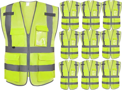 Dazonity Chaleco de seguridad de malla de alta visibilidad con múltiples bolsillos y cremallera, apto para hombres y mujeres, trabajo, construcción,