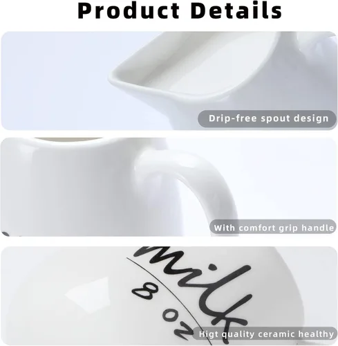 Miniatura 3 de Jarra de crema con asa, recipiente de cerámica para leche, café, salsa, apto para microondas, blanco (12 onzas, juego/1)