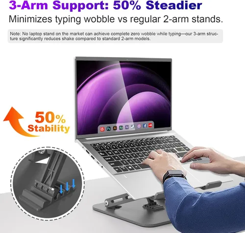 Miniatura 4 de Soporte ajustable para computadora portátil, elevador portátil con 3 brazos de soporte, soporte ergonómico ventilado de metal súper resistente