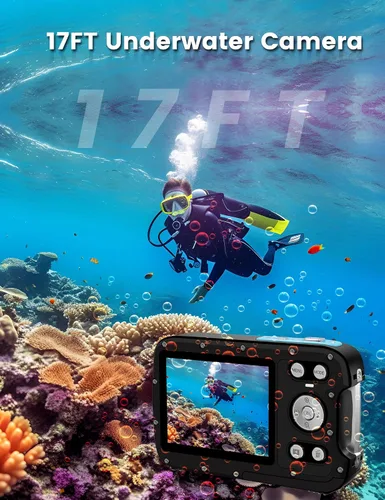 Miniatura 4 de Cámara subacuática 4K 48MP Autofocus Selfie Cámara impermeable de doble pantalla con correa flotante y tarjeta de 32 GB, cámara digital compacta