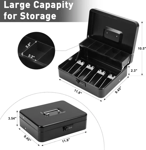 Miniatura 6 de KYODOLED Caja de dinero grande con cerradura de combinación, caja de dinero con bandeja para efectivo, caja fuerte con cerradura con llave, Negro-2