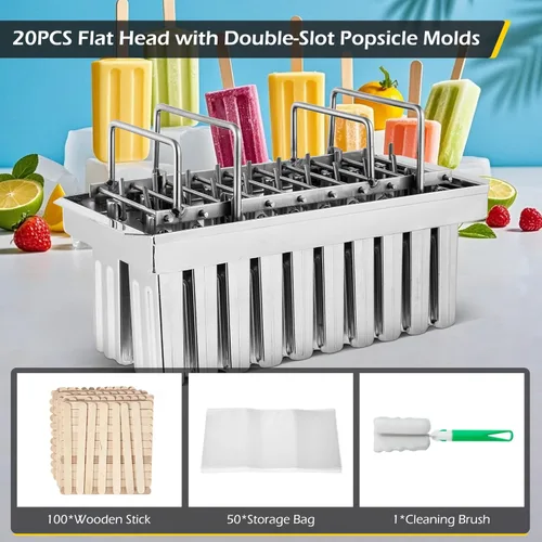 Miniatura 2 de Dyna-Living Moldes comerciales para paletas, 20 piezas de cabezales planos con doble ranura de acero inoxidable, moldes de paletas de helado