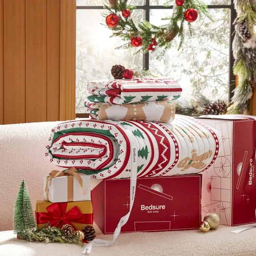 Miniatura 6 de Bedsure Edredón de Navidad tamaño Queen, edredón rojo para cama tamaño Queen, ropa de cama de Navidad con patrón de rayas de hombre de jengibre - 16