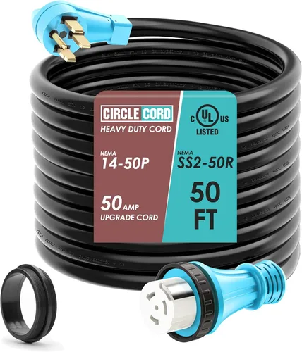 CircleCord Cable UL listado de 50 amperios y 50 pies para RV/generador con conector de bloqueo, cable STW de calibre 6/3+8/1, macho 14-50P y hembra