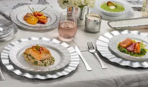 Miniatura 4 de [8 unidades – Cuencos de 12 onzas] Laura Stein Designer Vajilla de plástico pesado de alta calidad con borde plateado diseñado, plato de fiesta
