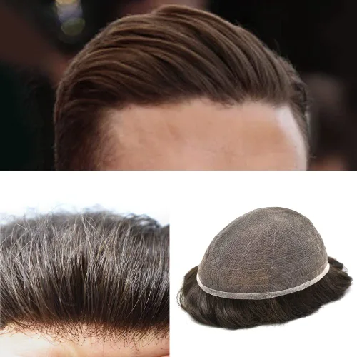 Miniatura 57 de Toupee para hombres Piezas de cabello humano real, encaje francés completo para hombres, pieza de cabello, nudos blanqueados, línea capilar natural