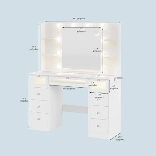 Miniatura 6 de Tocador blanco con espejo iluminado de 23.5 pulgadas, escritorio de tocador con parte superior de vidrio con 9 cajones y bombillas Hollywood de 3