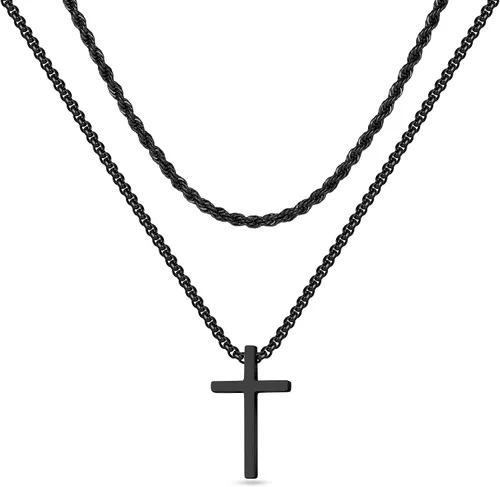 Collar de cruz para hombre, collar de cruz de acero inoxidable para hombre, collar de cadena de cuerda en capas, cadena de cadena de cadena de cruz