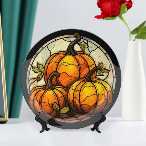 Miniatura 6 de Platos decorativos de Halloween, tres calabazas otoñales, con estampado de vitrales, plato de cena de cerámica para el hogar con soporte de Tres