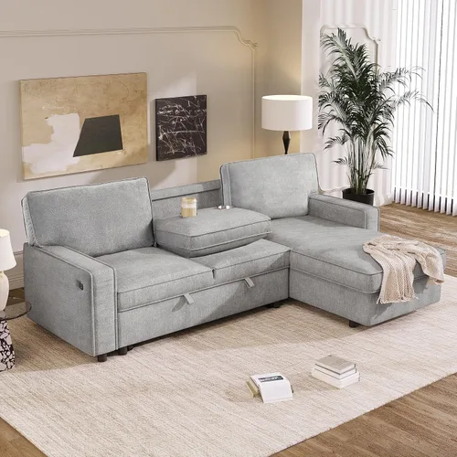 Miniatura 14 de Sofá cama modular de 104 pulgadas con diván convertible de almacenamiento y taburetes para sala de estar, moderno sofá cama extraíble de 3 asientos