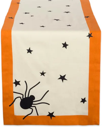 DII Colección de mesa de Halloween, estrellas negras atrevidas/araña espeluznante con borde naranja sobre fondo natural blanquecino, lavable a