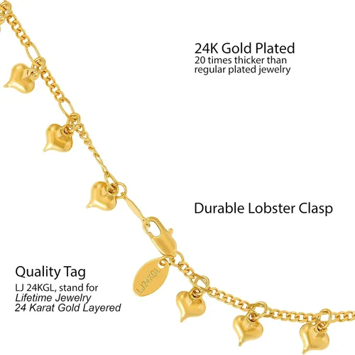 Miniatura 4 de LIFETIME JEWELRY Tobillera colgante de corazones para mujeres y adolescentes, chapada en oro de 24 quilates, Metal