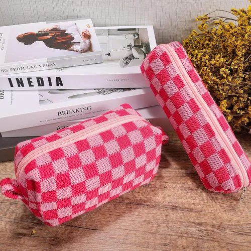 Miniatura 4 de 2 bolsas de cosméticos a cuadros para lápices, pequeña bolsa de maquillaje para bolso, bolsa de maquillaje rosa, bolsa de maquillaje para brochas