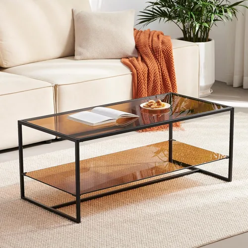 Miniatura 13 de Shrine - Mesa de café rectangular, diseño moderno de mediados de siglo, estructura de 2 niveles, parte superior de vidrio ámbar y estante de MDF