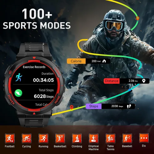 Miniatura 6 de Relojes inteligentes militares para hombres (respuesta/hacer llamadas) con linterna LED 3ATM resistente al agua reloj inteligente con más de 100