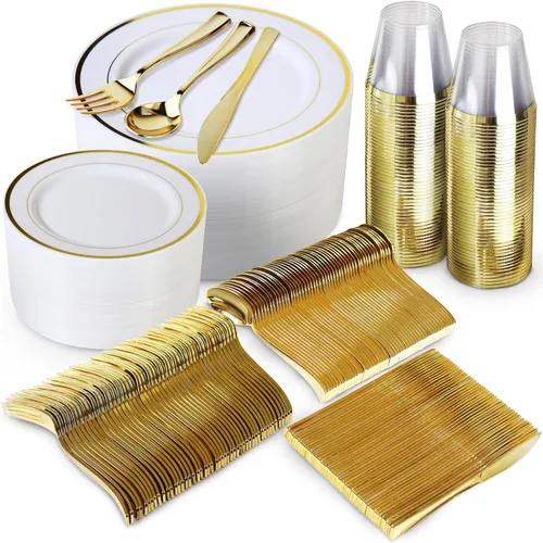 Juego de vajilla de color dorado de 600 piezas. 200 platos de plástico blancos y dorados. Juego de 300 cubiertos de plástico dorados. 100 vasos de