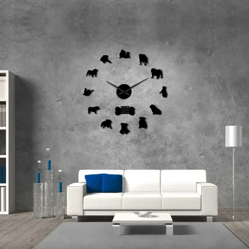 Miniatura 5 de The Geeky Days English British Bulldog contemporáneo 3D DIY reloj de pared con lindo hueso Pet Shop espejos superficie (negro)