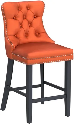 Miniatura 4 de SoarFlash Juego de 2 taburetes de bar tapizados de terciopelo moderno con patas de madera, botones acolchados, cabeza de clavo cromada, asiento