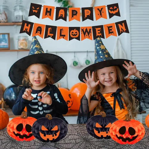 Miniatura 6 de Kit de decoración de fiesta de Halloween para interiores con bolas de papel de panal y abanicos, bufanda de mantel de chimenea, camino de mesa