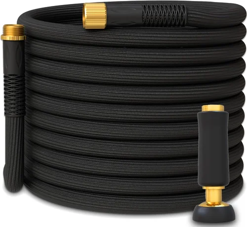 Manguera de jardín TITAN | Manguera de agua híbrida flexible, ligera, sin torceduras y duradera con conectores de latón resistentes y boquilla de