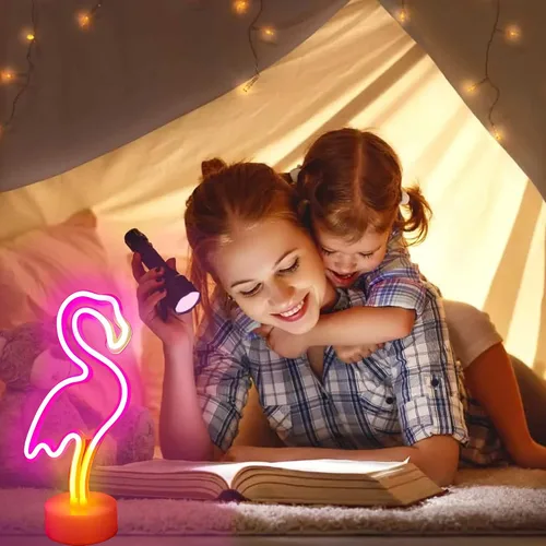 Miniatura 5 de YSMNDE Letrero de neón de flamenco, letrero de luz LED rosa para decoración de habitación de niñas, luces nocturnas de funcionamiento USB/batería