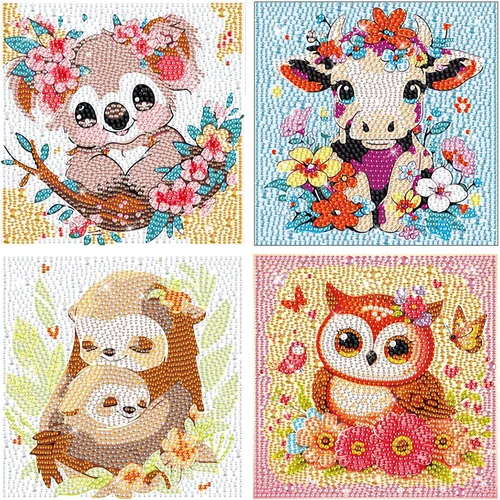 Paquete de 4 kits de arte de diamantes para niños y adultos principiantes, kits de pintura de diamantes de dibujos animados 5D para niños, kits de