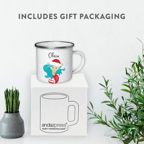 Miniatura 4 de Andaz Press Taza de café de acero inoxidable con nombre personalizado de 11 onzas para niños, diseño de sirena festiva, 1 paquete, taza de Navidad