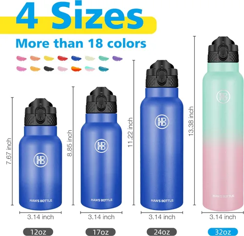 Miniatura 2 de Han's Bottle Botella de Agua Deportiva - 32 Oz, Tapa con Pajita, A Prueba de Fugas, Acero Inoxidable con Aislamiento al Vacío, Doble Pared, Taza