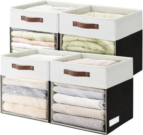 Miniatura 8 de Bagnizer Cubos de Almacenamiento, Paquete de 4 Contenedores de Almacenamiento Plegables de Lino (13 x 13 pulgadas) con Ventana Transparente y Asas