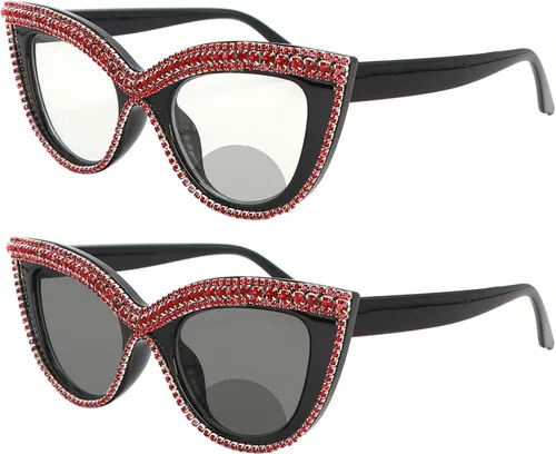 helena Gafas de lectura bifocales fotocrómicas de transición invisible para mujer, lentes de sol de cristal con diamantes de imitación brillantes